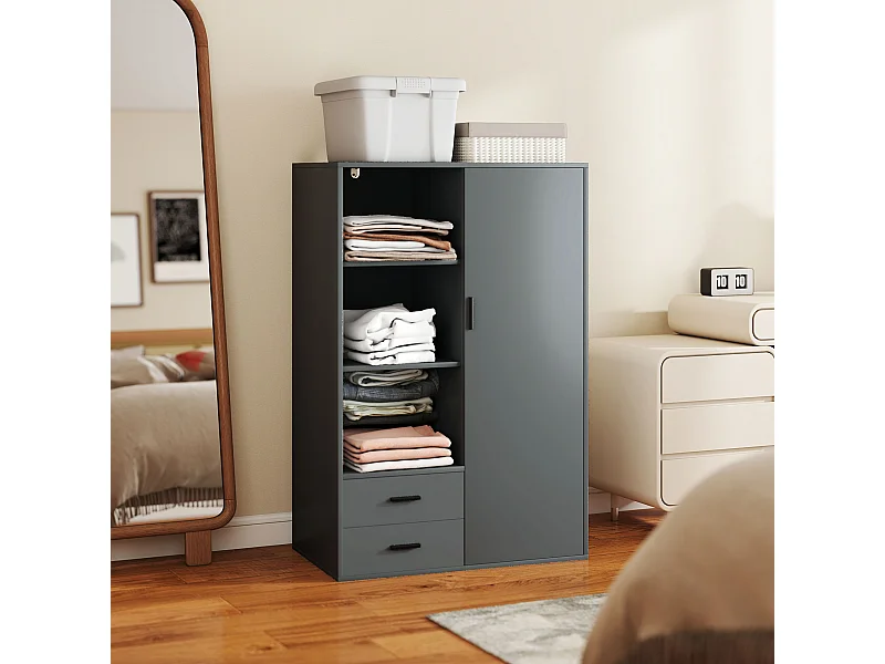 Armadio con 2 cassetti ripiani aperti e appendiabiti grigio scuro