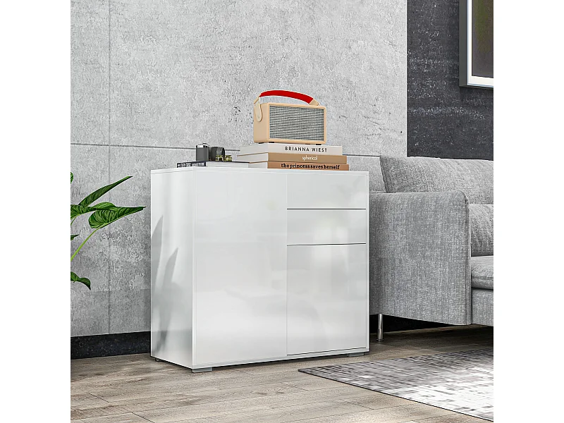 Credenza moderna con 2 armadietti e 2 cassetti in legno bianco lucido