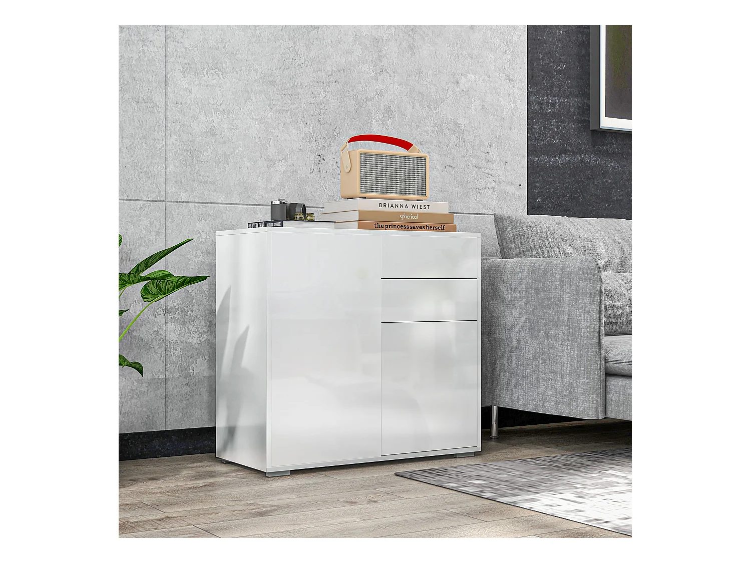 Credenza moderna con 2 armadietti e 2 cassetti in legno bianco lucido