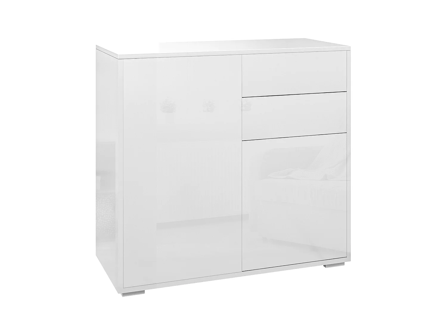 Credenza moderna con 2 armadietti e 2 cassetti in legno bianco lucido