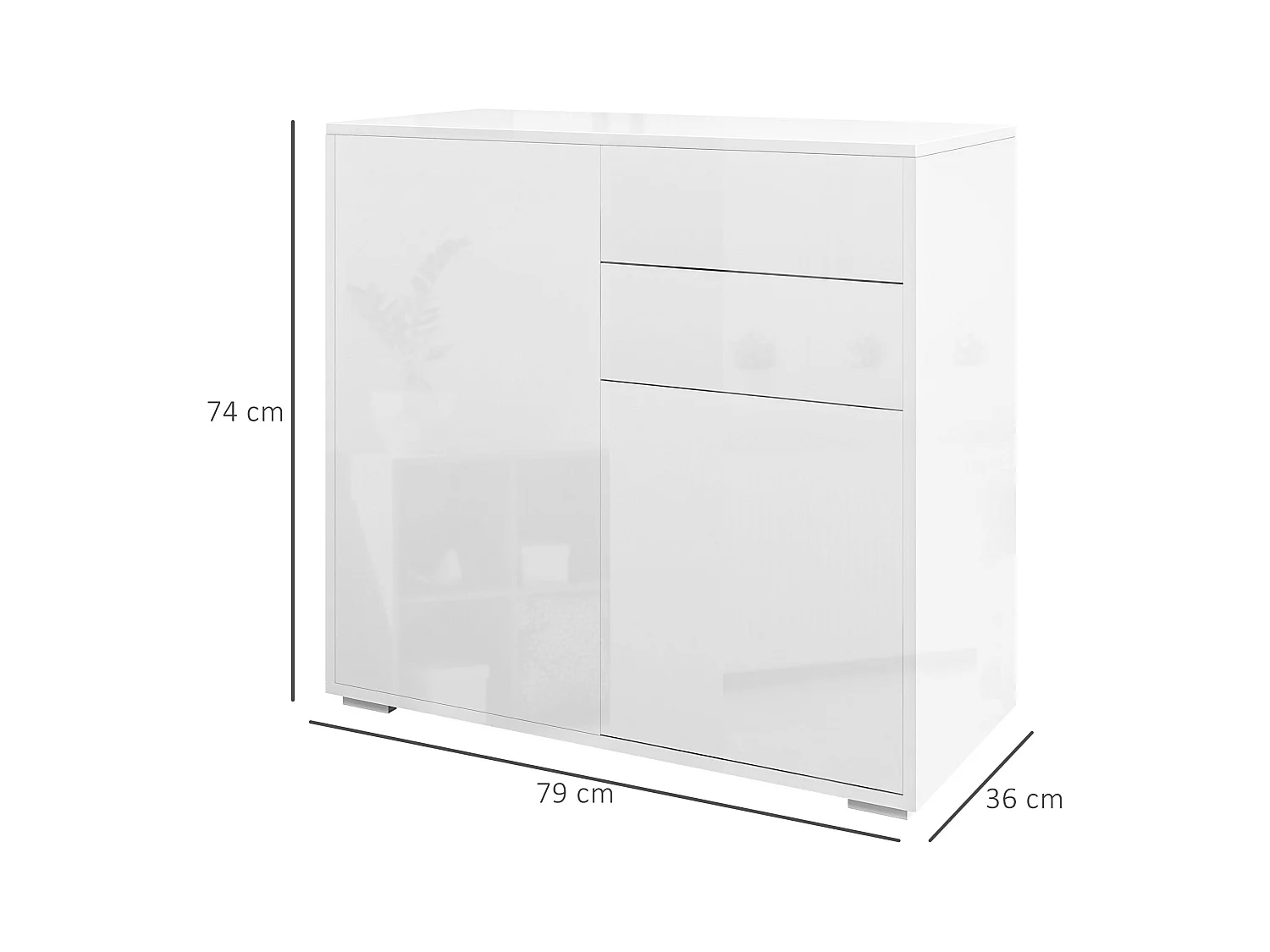 Credenza moderna con 2 armadietti e 2 cassetti in legno bianco lucido