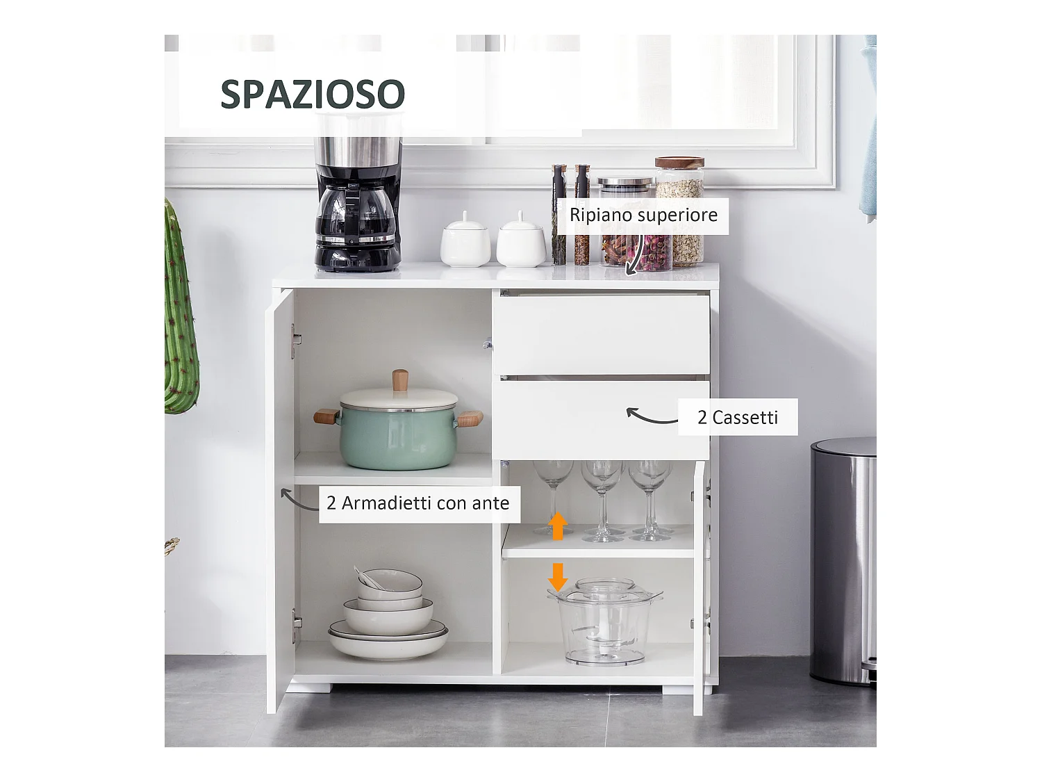 Credenza moderna con 2 armadietti e 2 cassetti in legno bianco lucido
