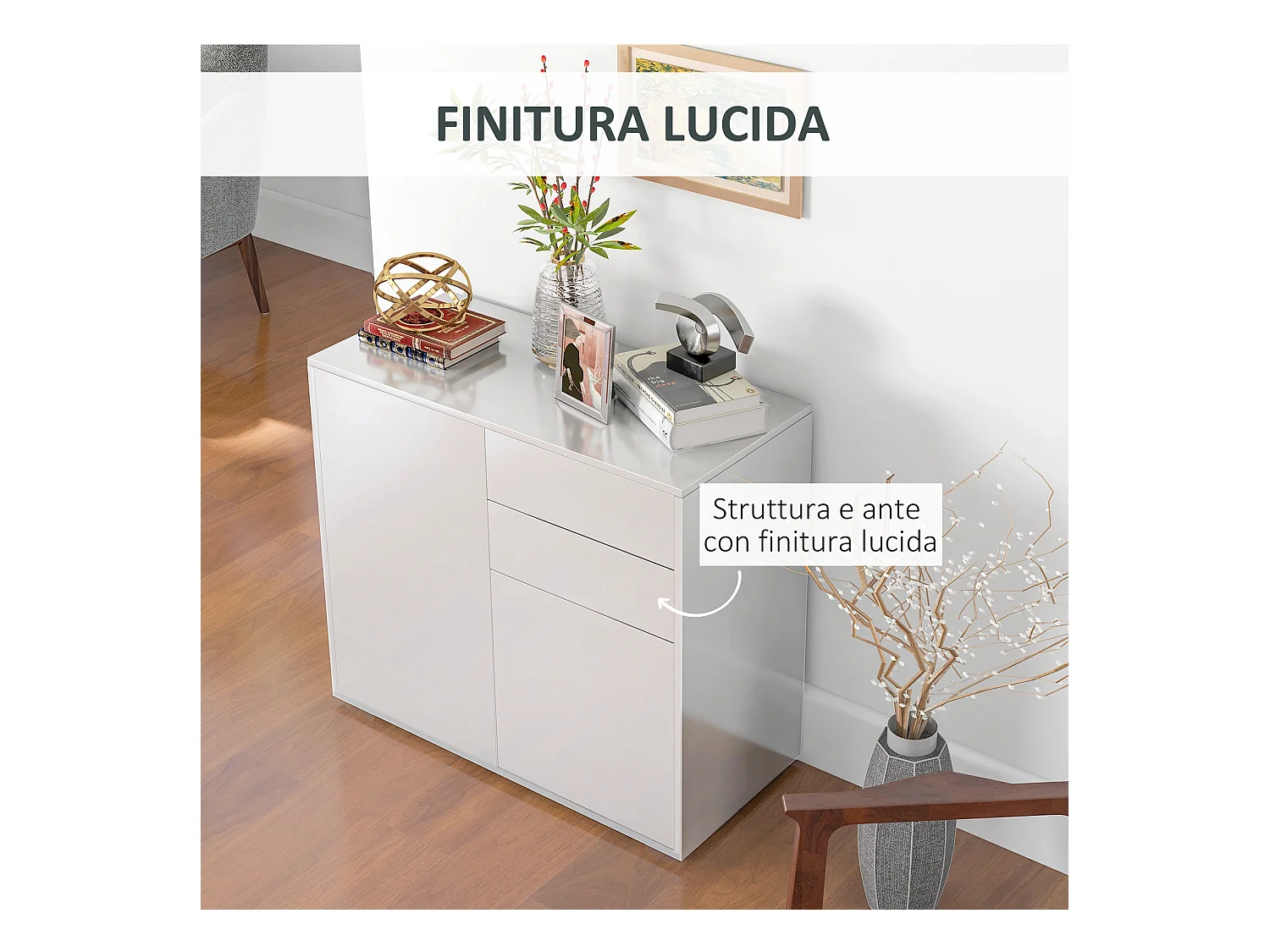 Credenza moderna con 2 armadietti e 2 cassetti in legno bianco lucido