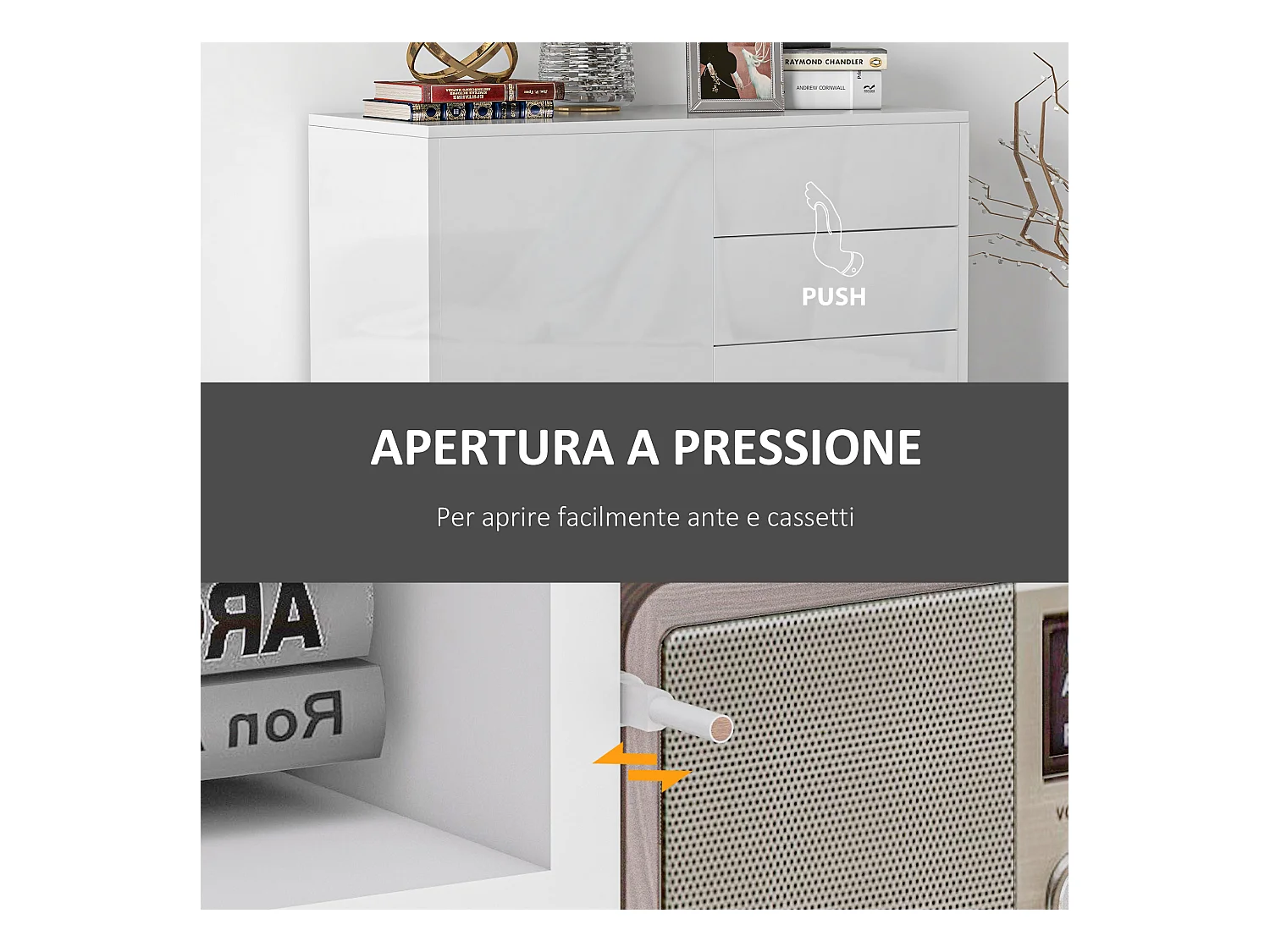 Credenza moderna con 2 armadietti e 2 cassetti in legno bianco lucido