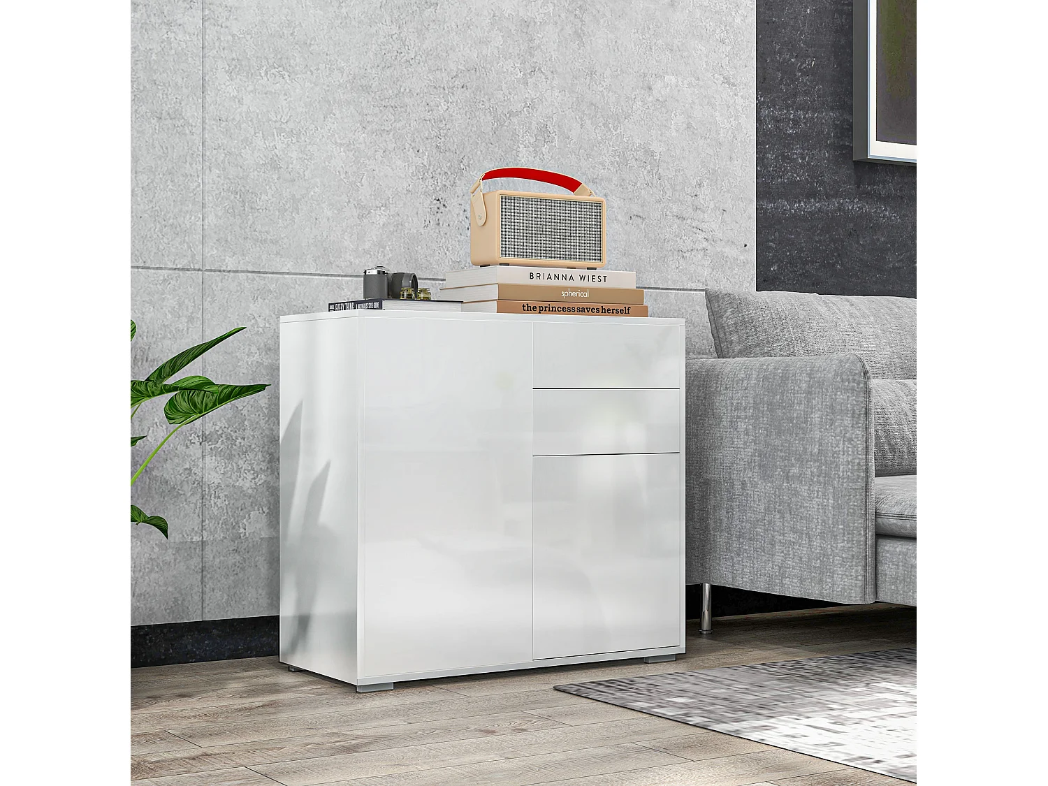 Credenza moderna con 2 armadietti e 2 cassetti in legno bianco lucido
