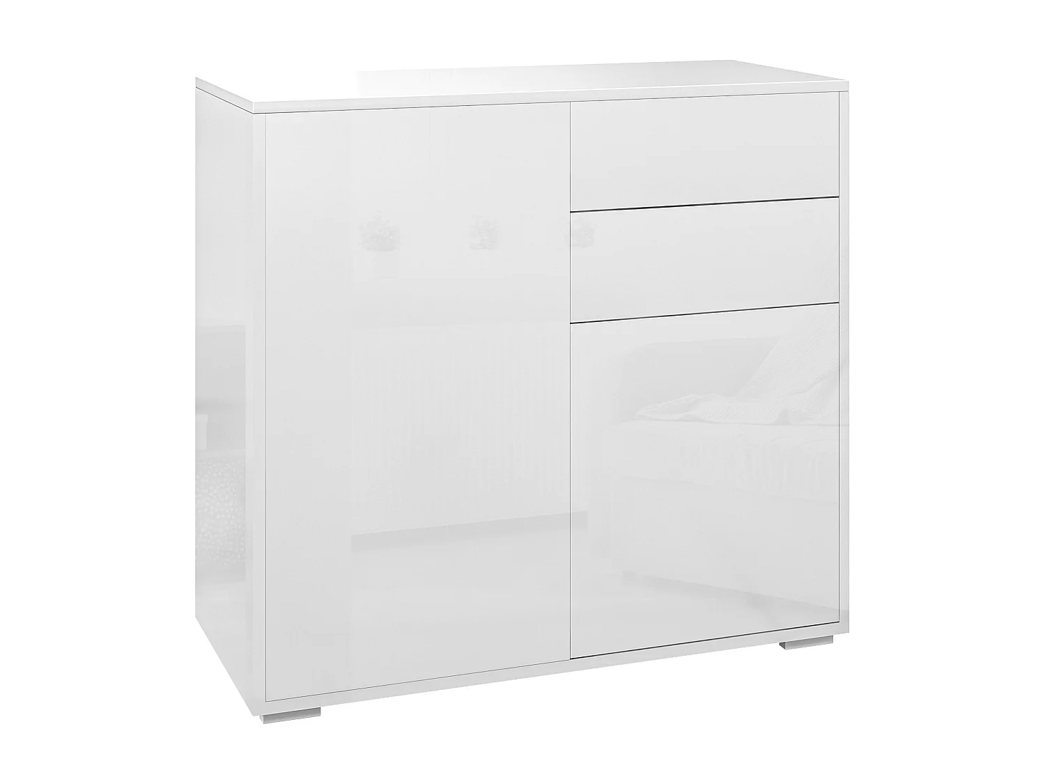 Credenza moderna con 2 armadietti e 2 cassetti in legno bianco lucido