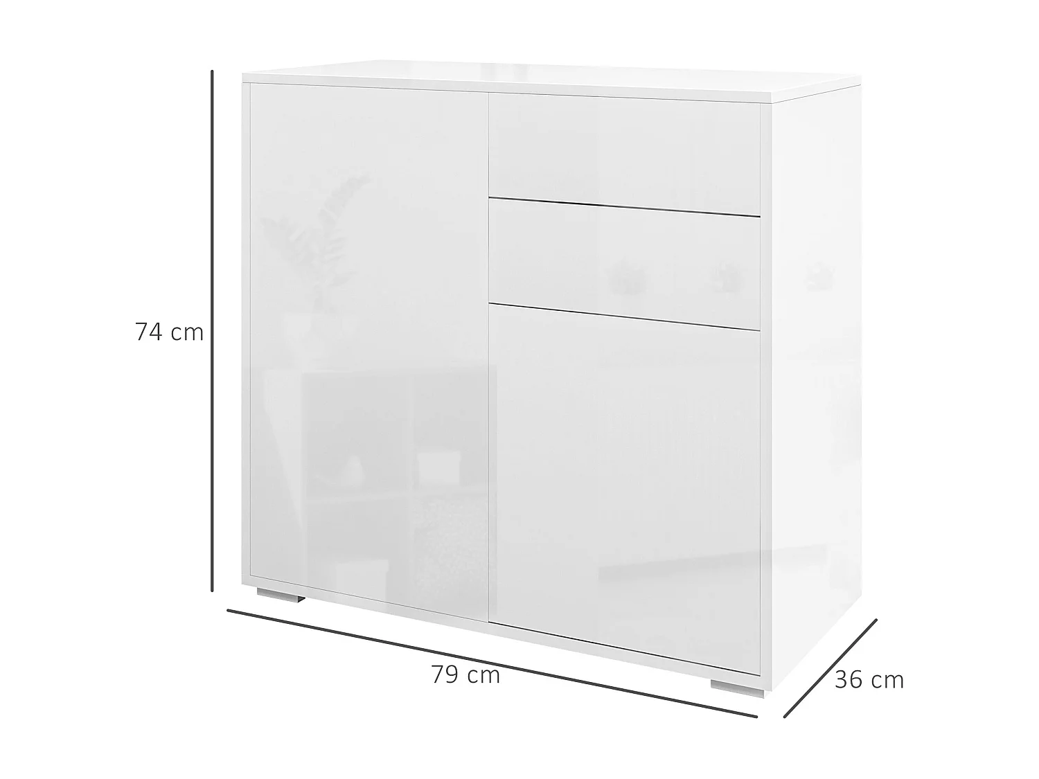 Credenza moderna con 2 armadietti e 2 cassetti in legno bianco lucido
