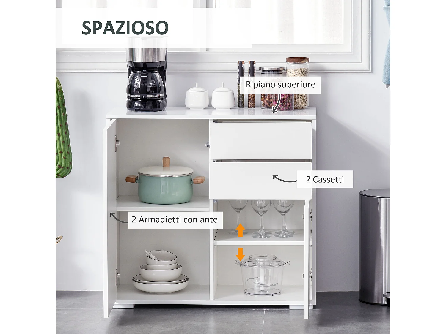 Credenza moderna con 2 armadietti e 2 cassetti in legno bianco lucido