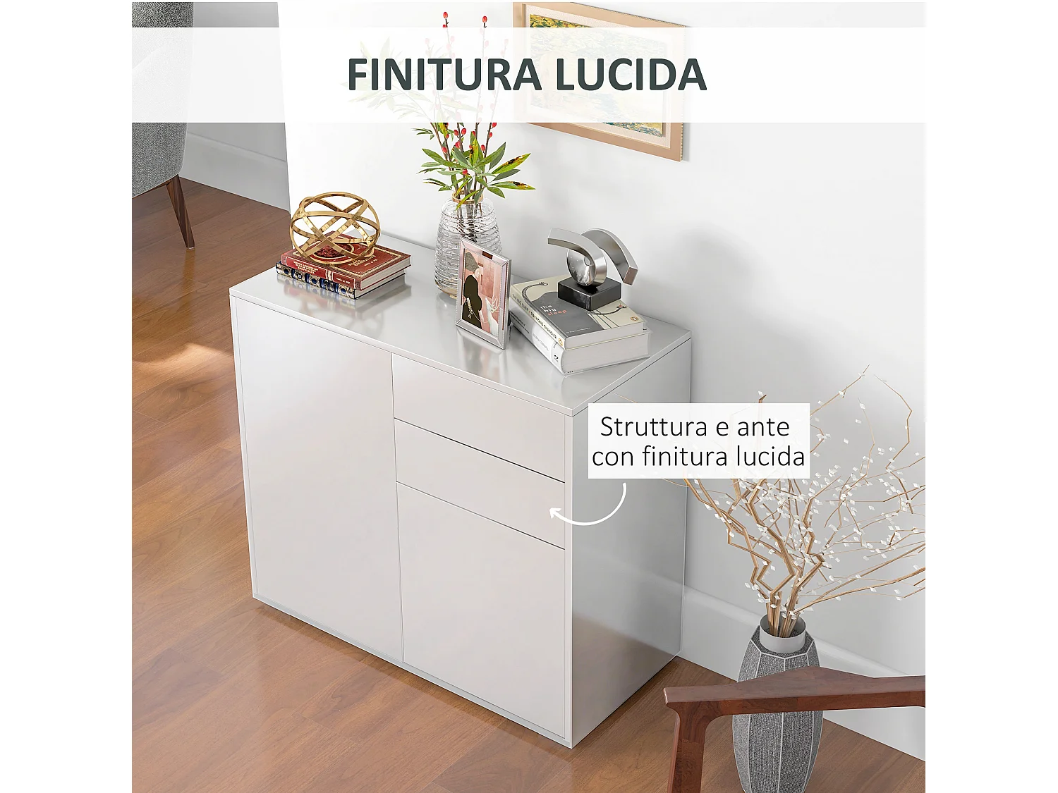 Credenza moderna con 2 armadietti e 2 cassetti in legno bianco lucido