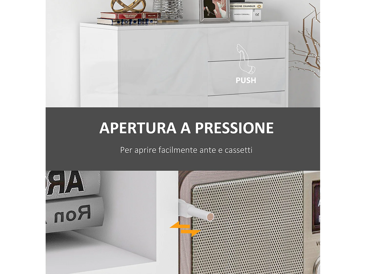 Credenza moderna con 2 armadietti e 2 cassetti in legno bianco lucido