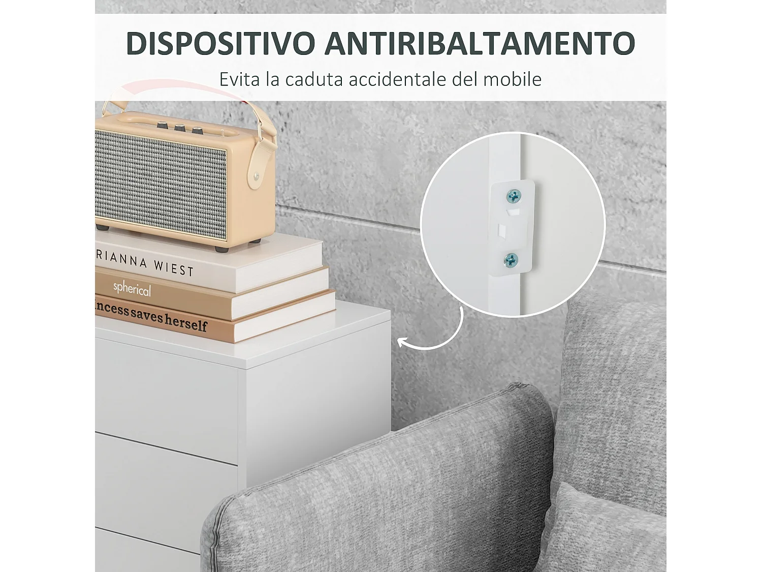 Credenza moderna con 2 armadietti e 2 cassetti in legno bianco lucido