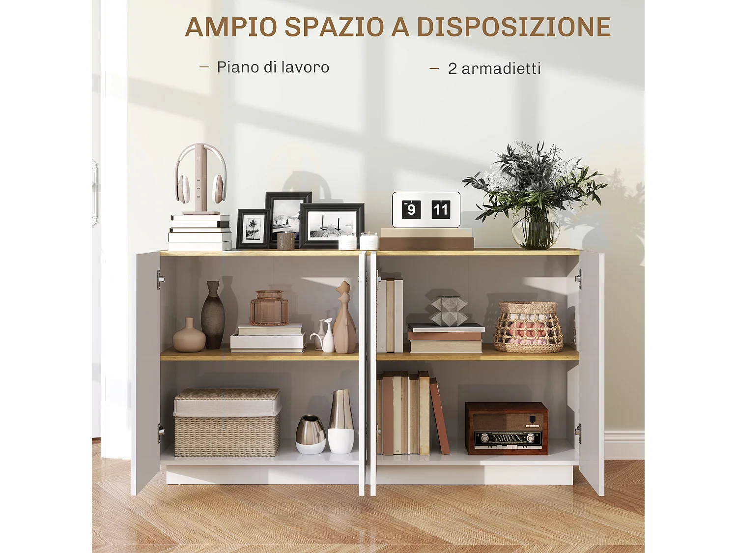 Credenza moderna con armadietti a 2 ante bianco lucido