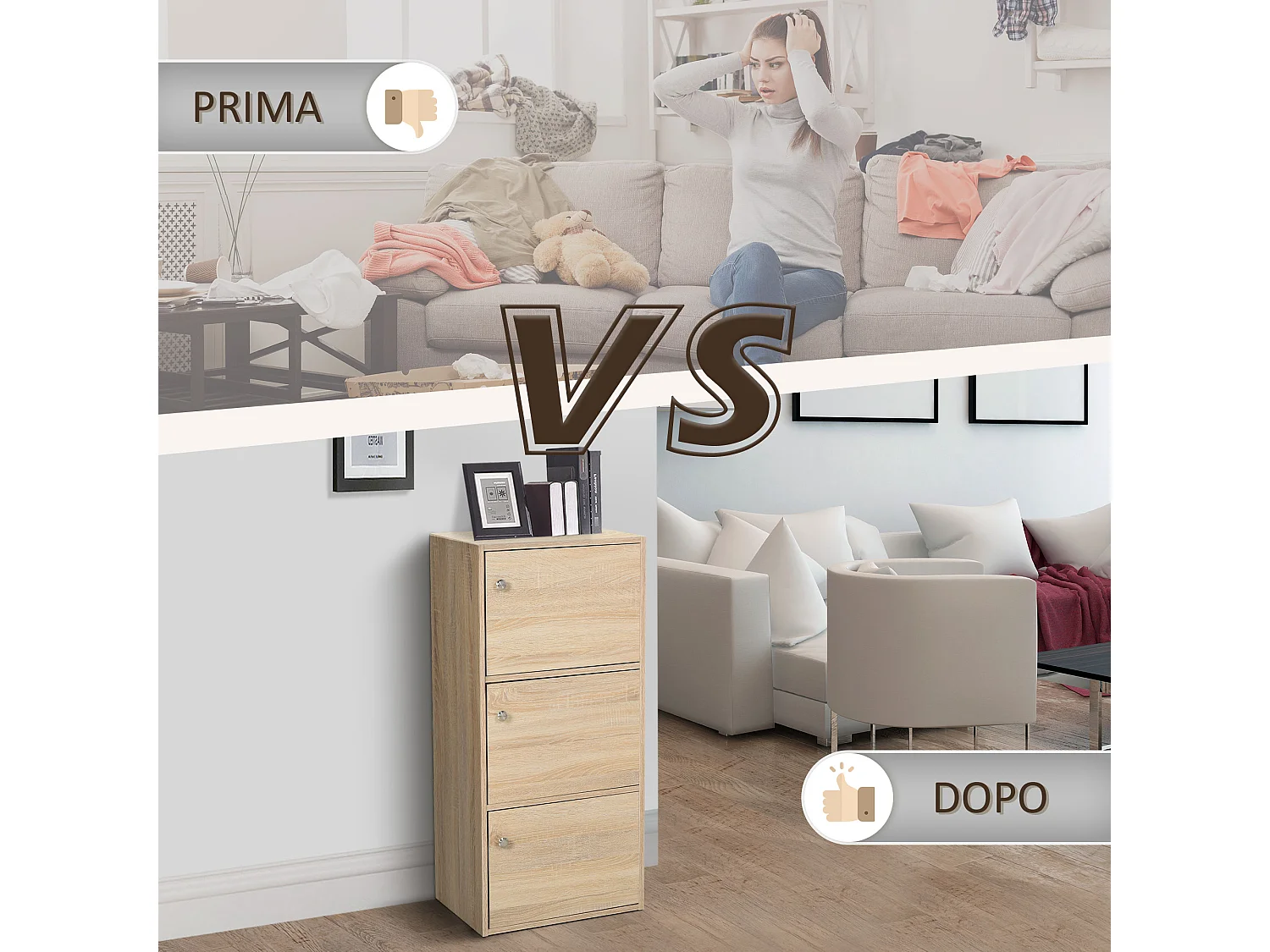 Mobiletto multiuso con 3 ripiani in legno e 3 ante 48x34x100 cm