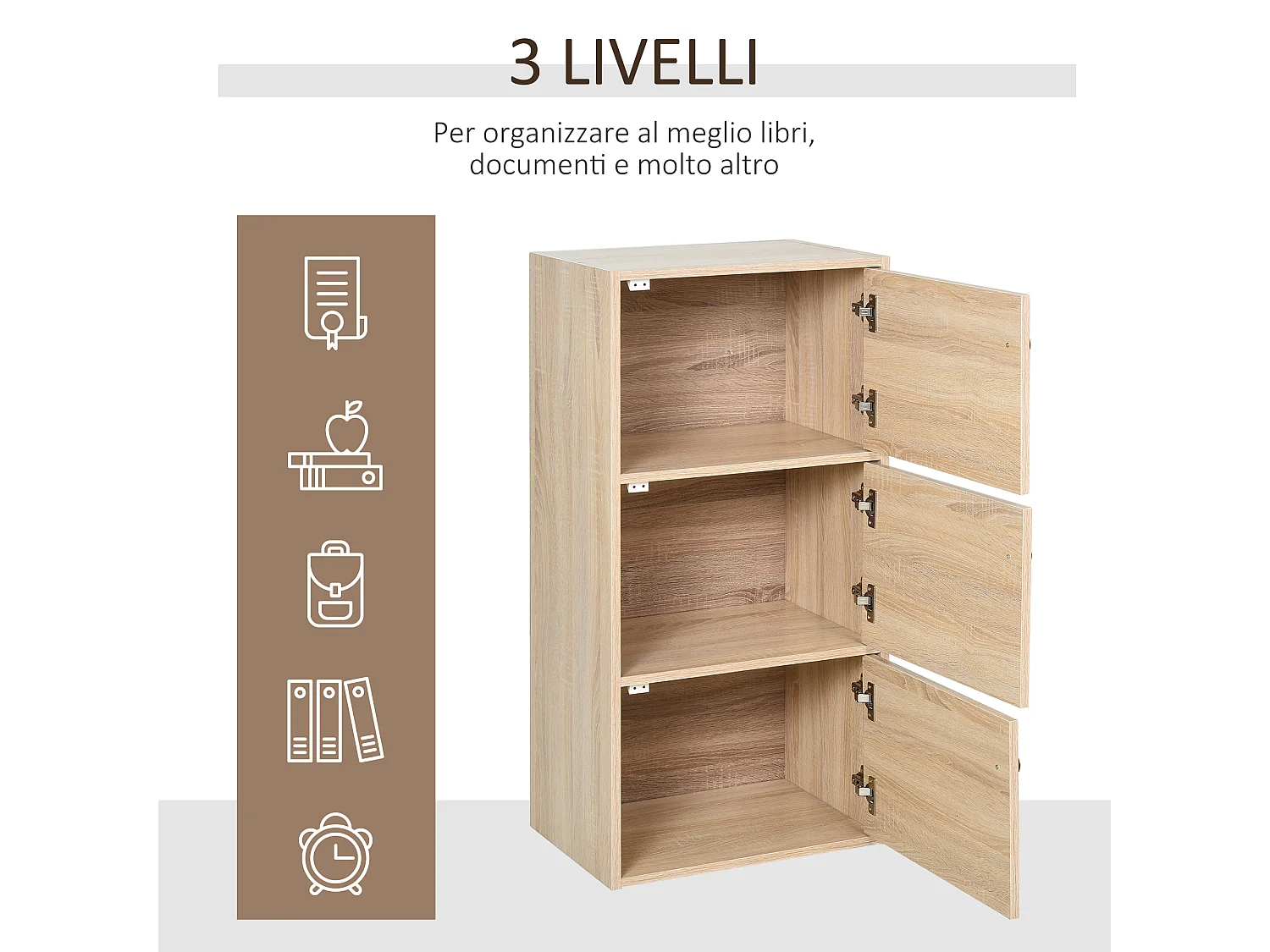 Mobiletto multiuso con 3 ripiani in legno e 3 ante 48x34x100 cm