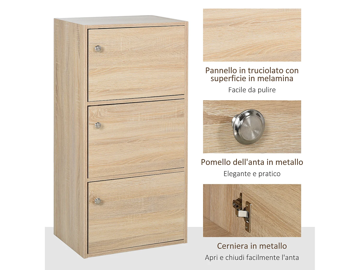 Mobiletto multiuso con 3 ripiani in legno e 3 ante 48x34x100 cm