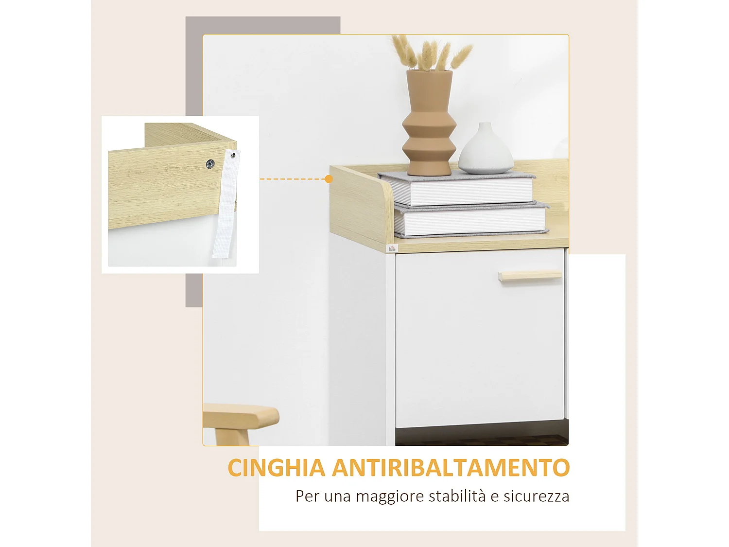 Mobiletto multiuso con armadietto ripiani aperti in legno