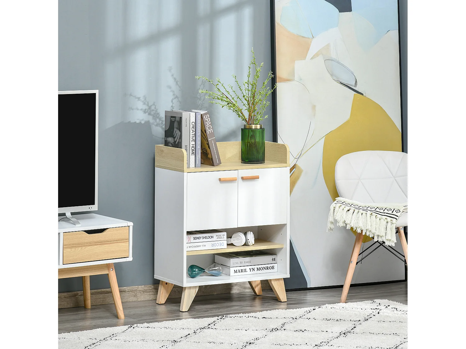 Mobiletto multiuso con armadietto ripiani aperti in legno