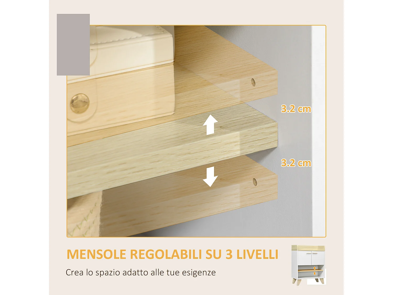 Mobiletto multiuso con armadietto ripiani aperti in legno