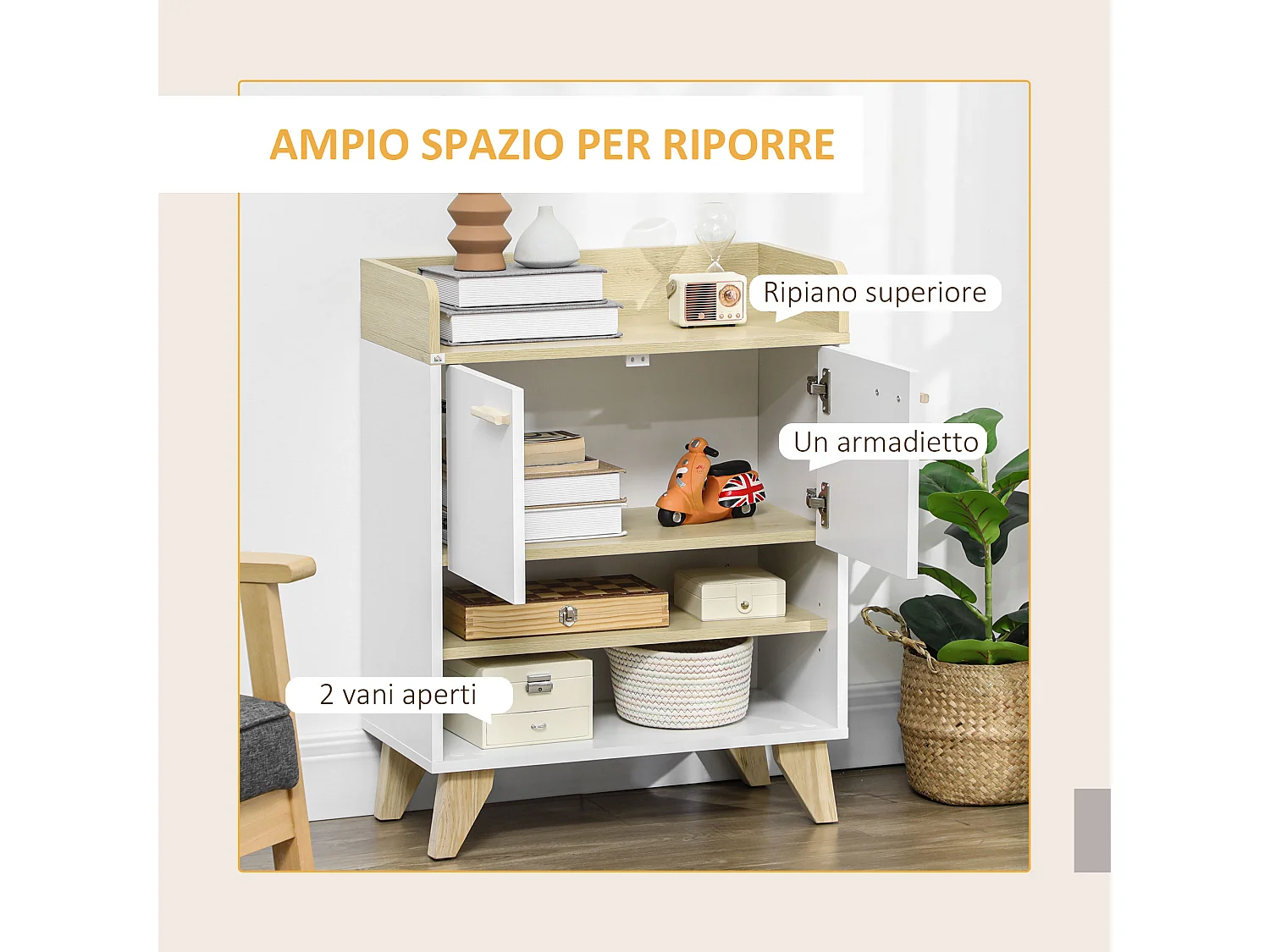 Mobiletto multiuso con armadietto ripiani aperti in legno