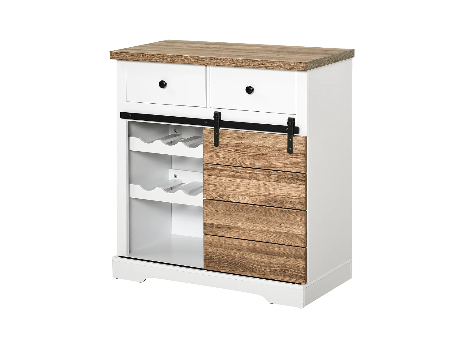 Mobile da cucina rustico con 2 cassetti ripiani aperti portabottiglie