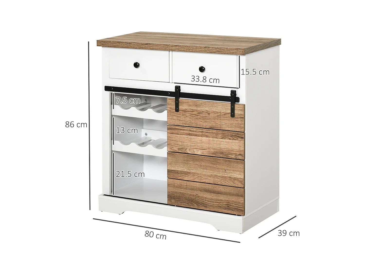 Mobile da cucina rustico con 2 cassetti ripiani aperti portabottiglie