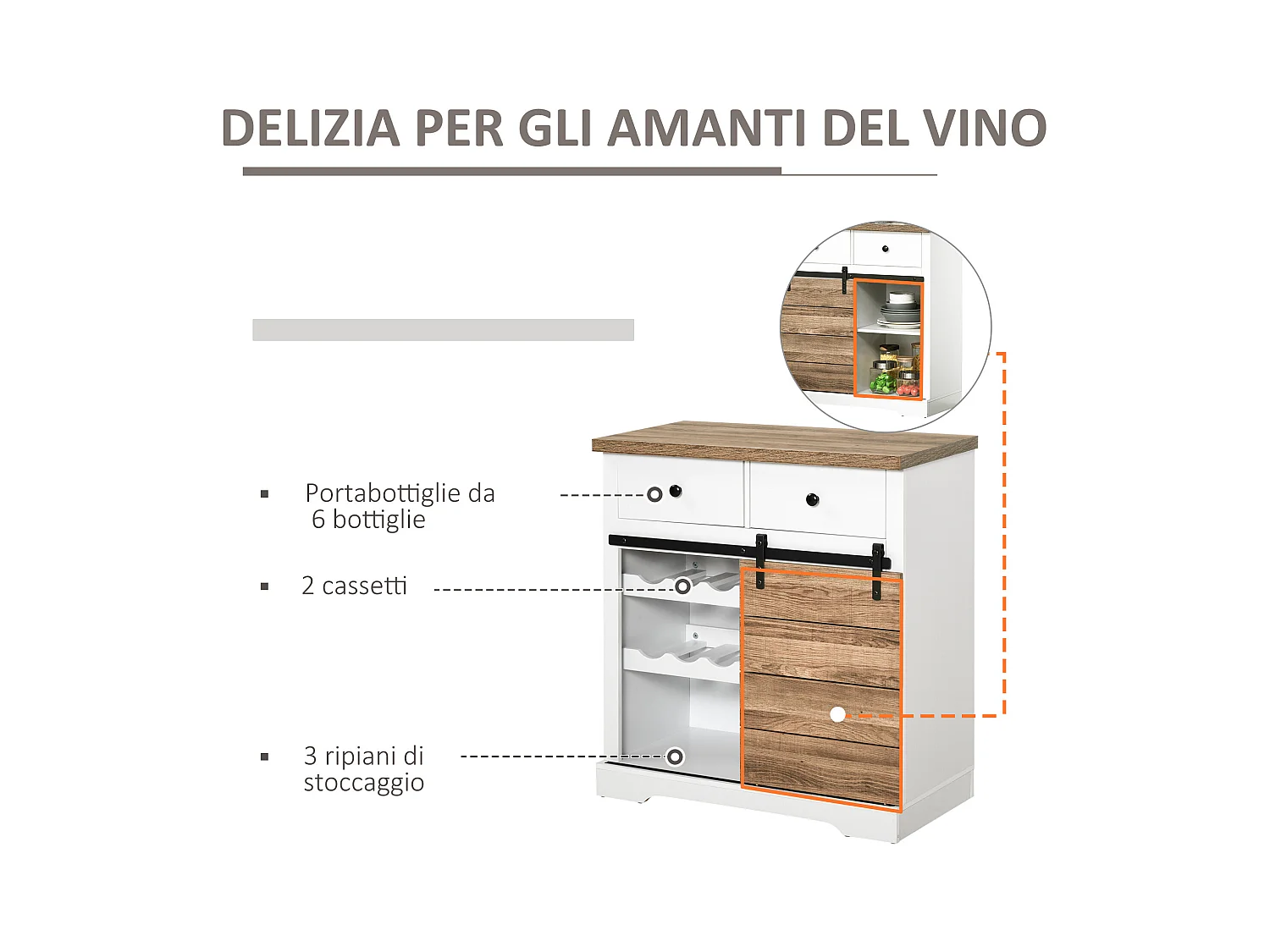 Mobile da cucina rustico con 2 cassetti ripiani aperti portabottiglie