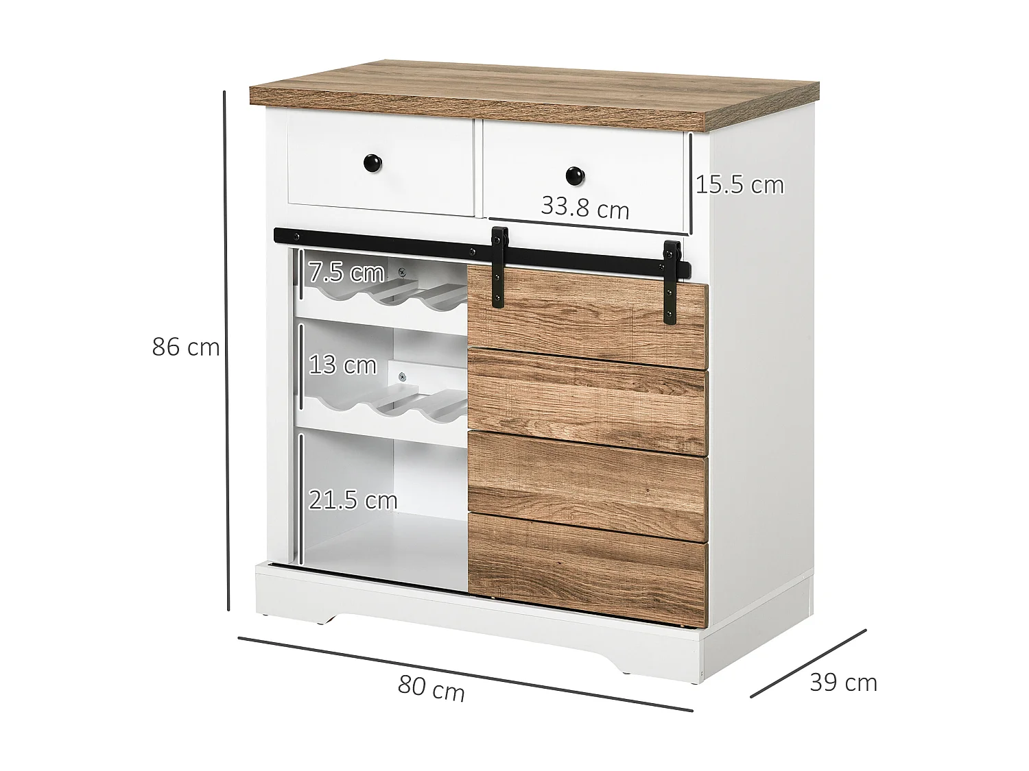 Mobile da cucina rustico con 2 cassetti ripiani aperti portabottiglie