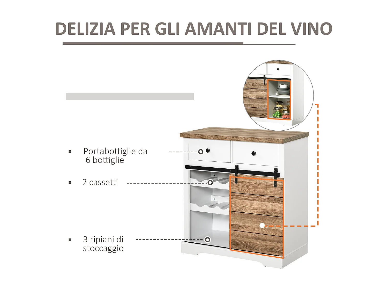 Mobile da cucina rustico con 2 cassetti ripiani aperti portabottiglie
