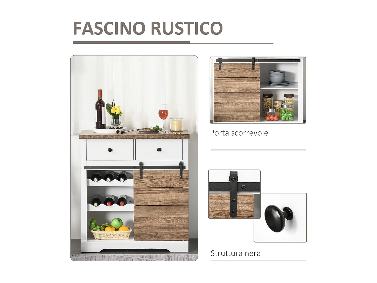 Mobile da cucina rustico con 2 cassetti ripiani aperti portabottiglie