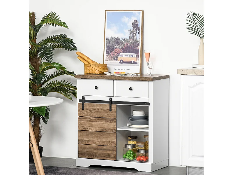 Mobile da cucina rustico con 2 cassetti ripiani aperti portabottiglie