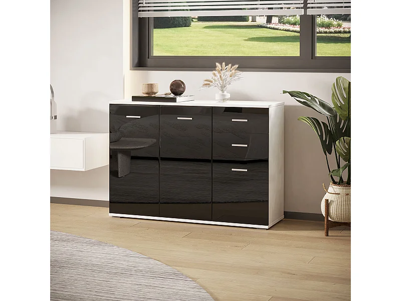 Mobiletto da ingresso con 3 ante e 2 cassetti nero lucido