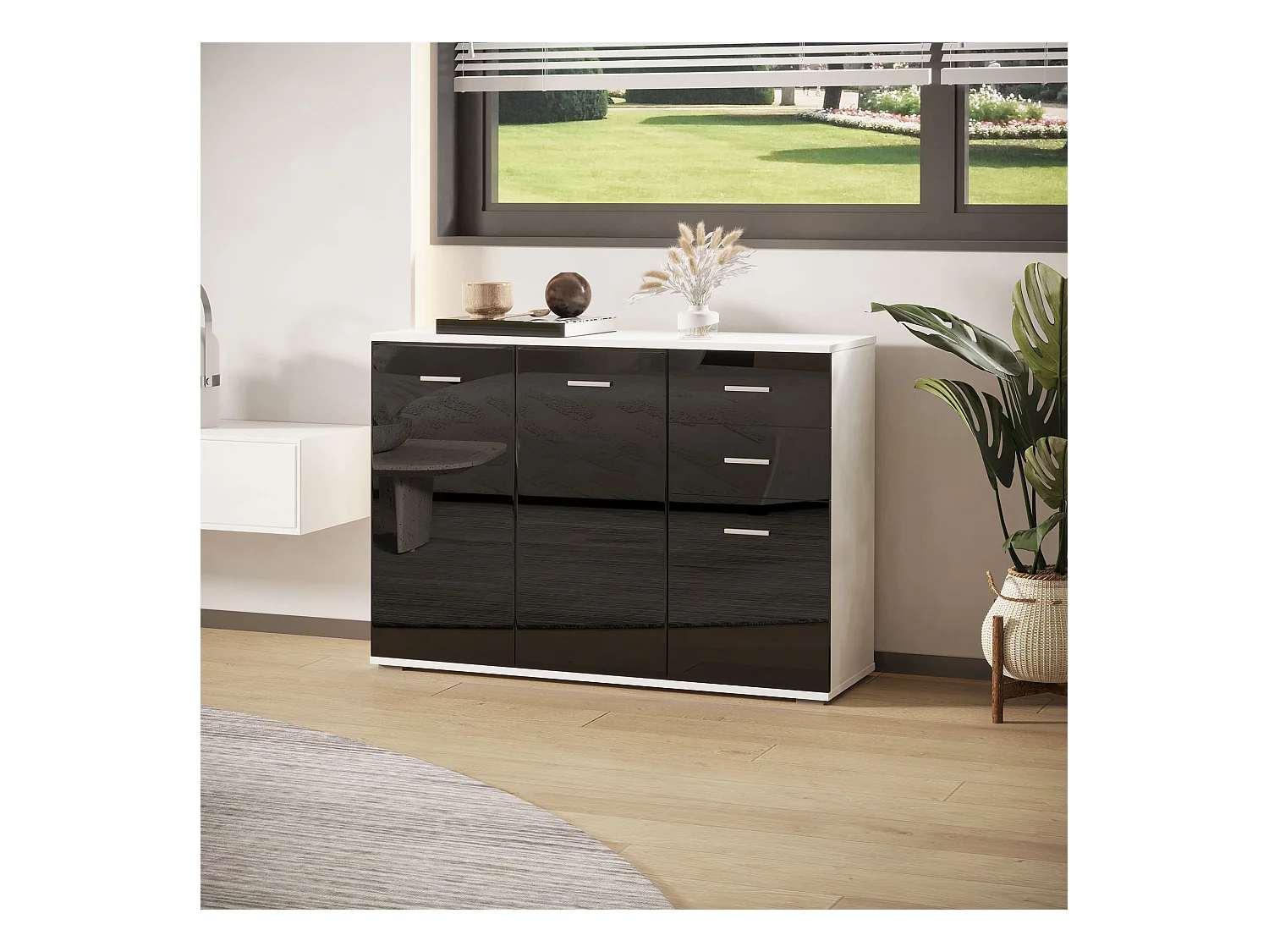 Mobiletto da ingresso con 3 ante e 2 cassetti nero lucido