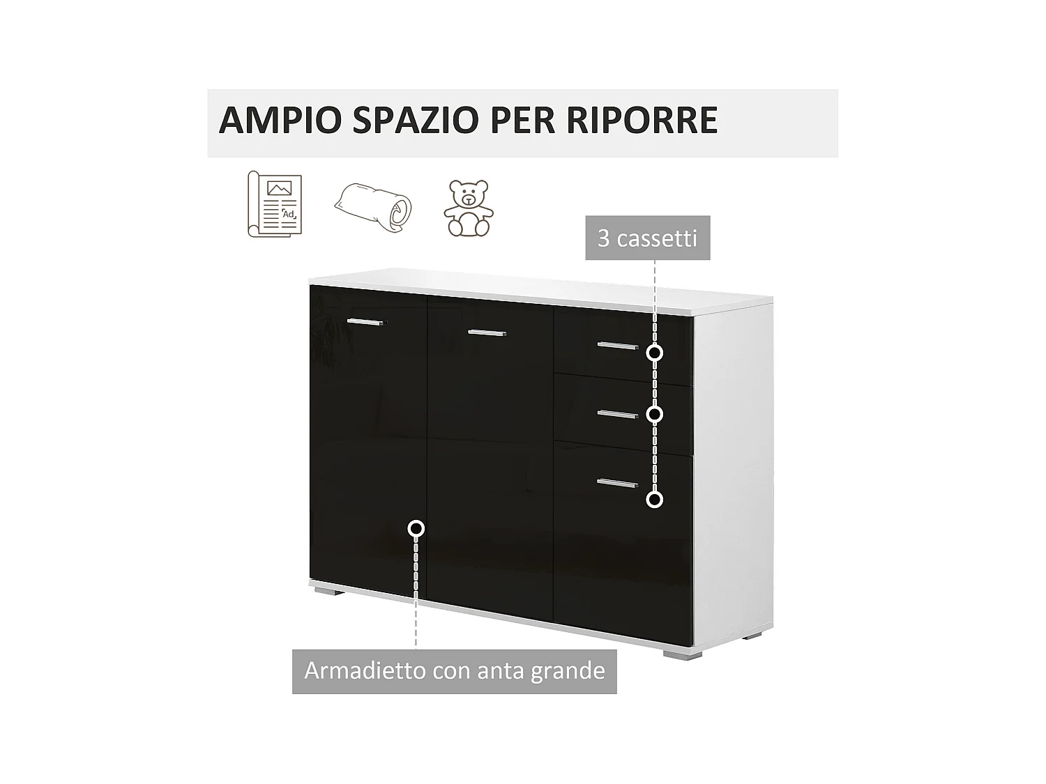 Mobiletto da ingresso con 3 ante e 2 cassetti nero lucido