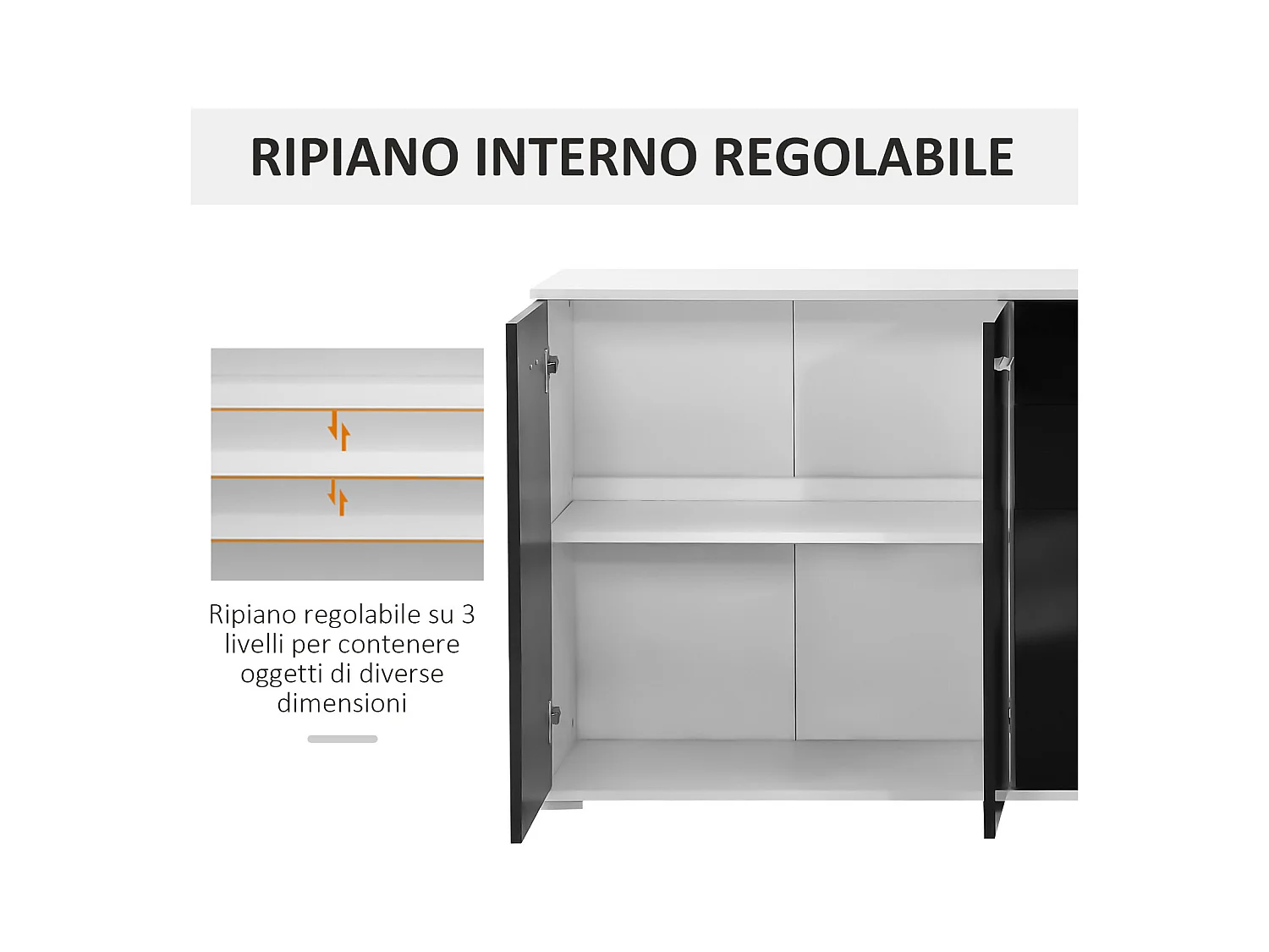 Mobiletto da ingresso con 3 ante e 2 cassetti nero lucido