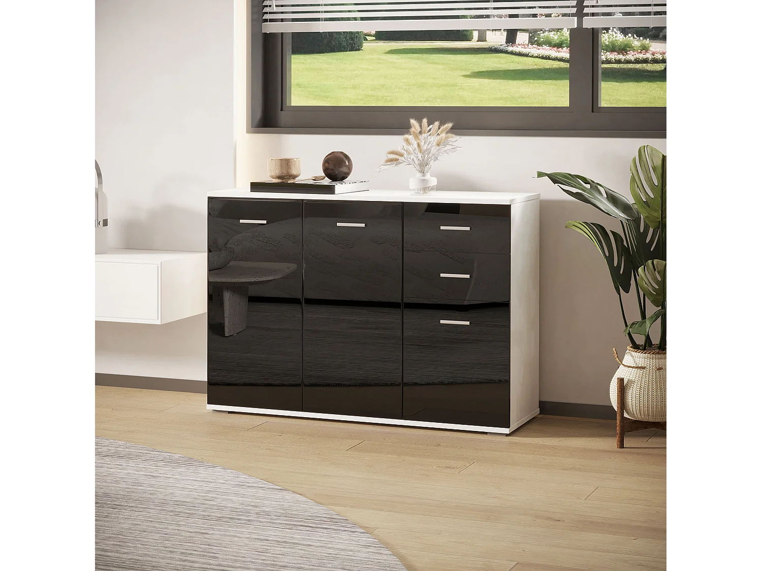 Mobiletto da ingresso con 3 ante e 2 cassetti nero lucido