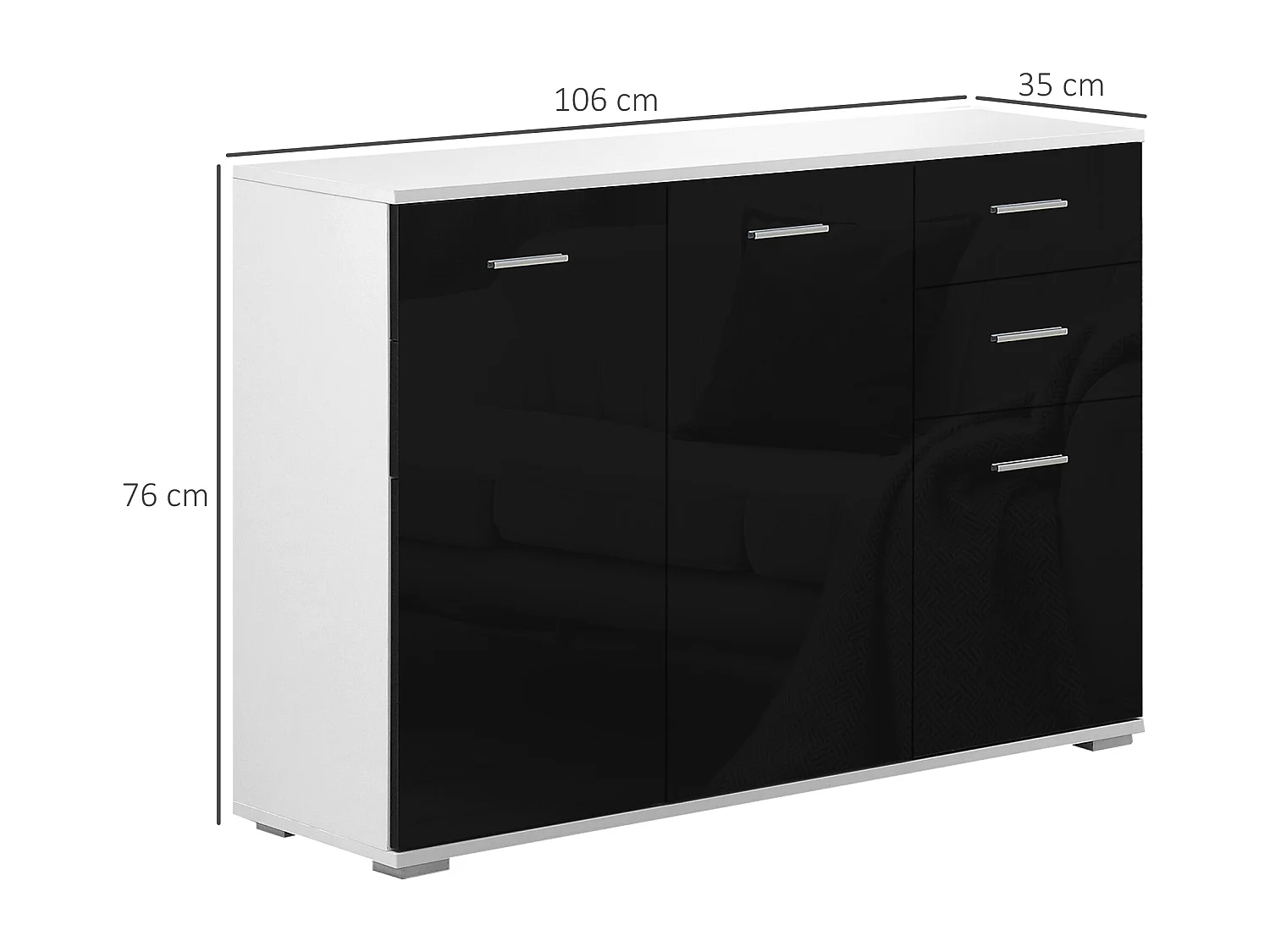 Mobiletto da ingresso con 3 ante e 2 cassetti nero lucido