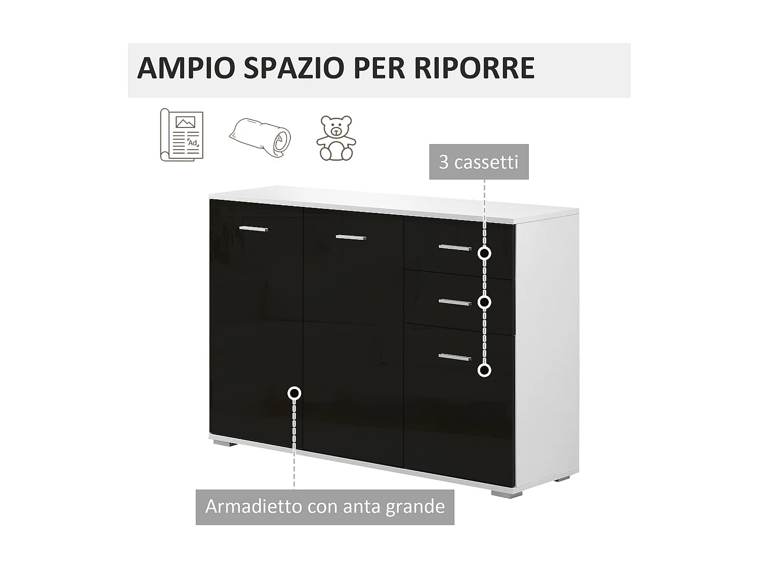 Mobiletto da ingresso con 3 ante e 2 cassetti nero lucido