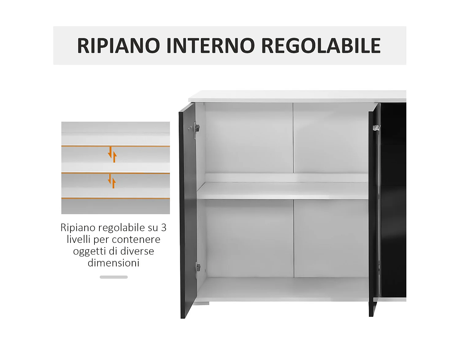 Mobiletto da ingresso con 3 ante e 2 cassetti nero lucido