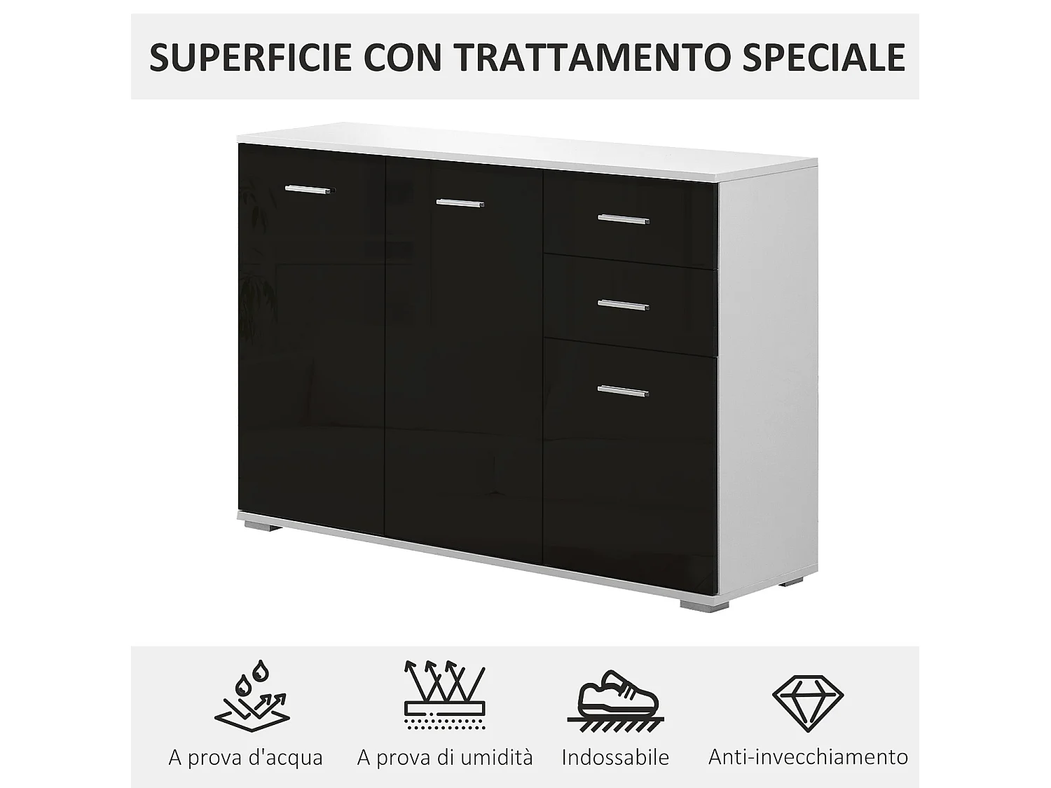 Mobiletto da ingresso con 3 ante e 2 cassetti nero lucido