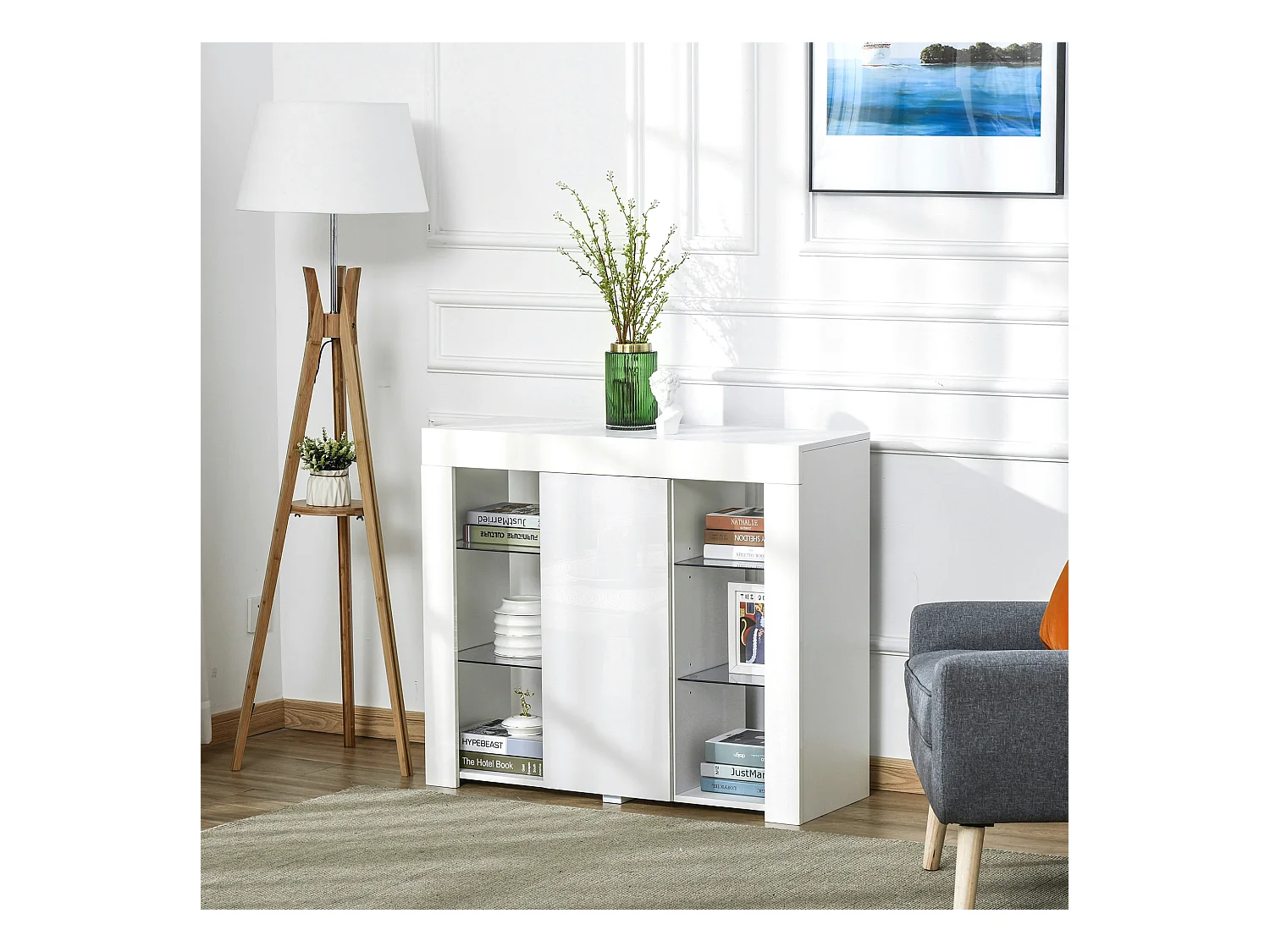 Mobile moderno a anta finitura lucida luci led mensole in vetro