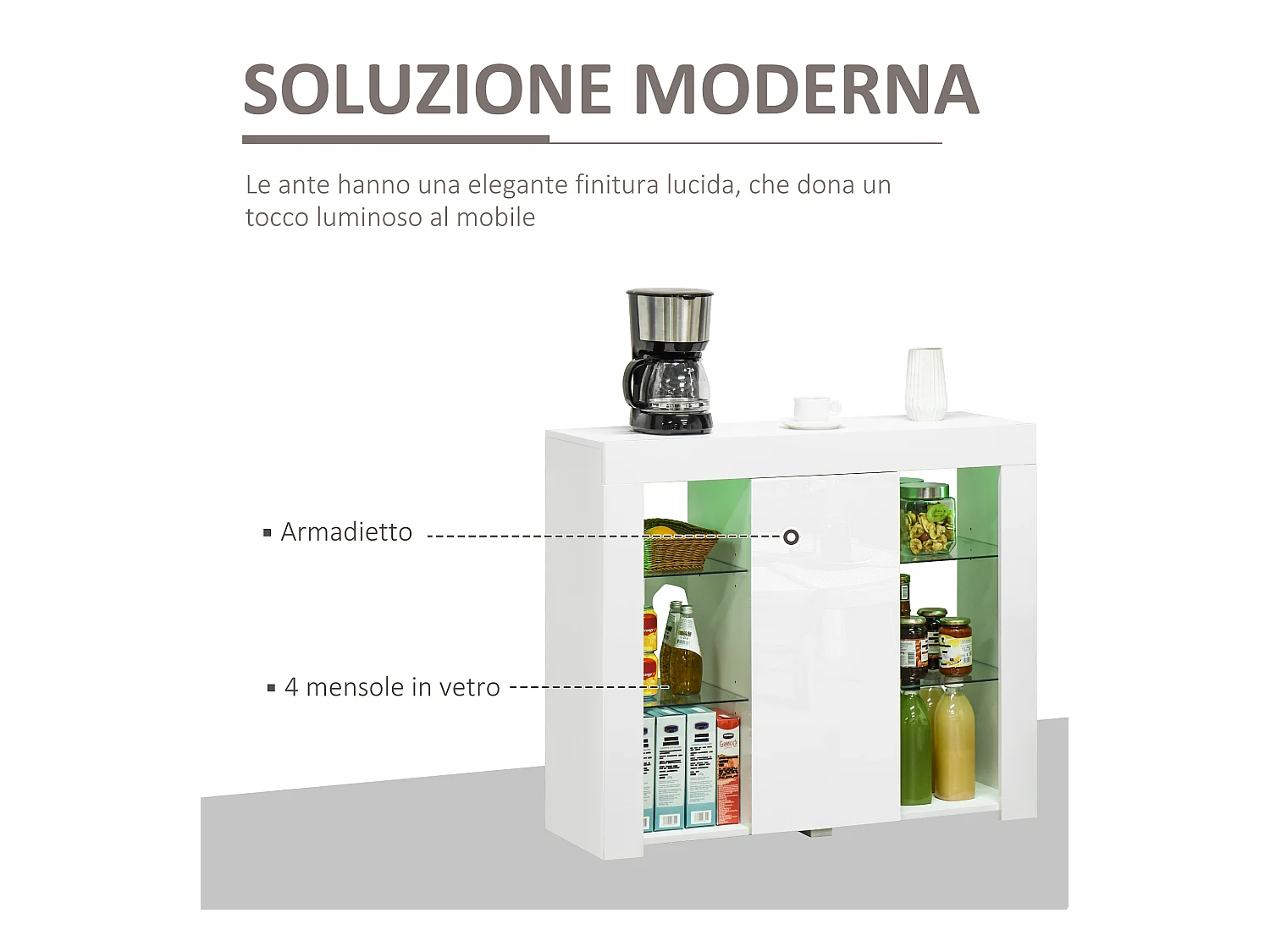 Mobile moderno a anta finitura lucida luci led mensole in vetro