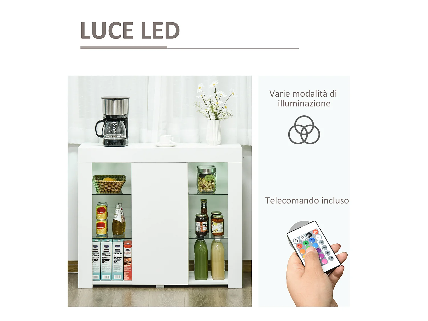 Mobile moderno a anta finitura lucida luci led mensole in vetro