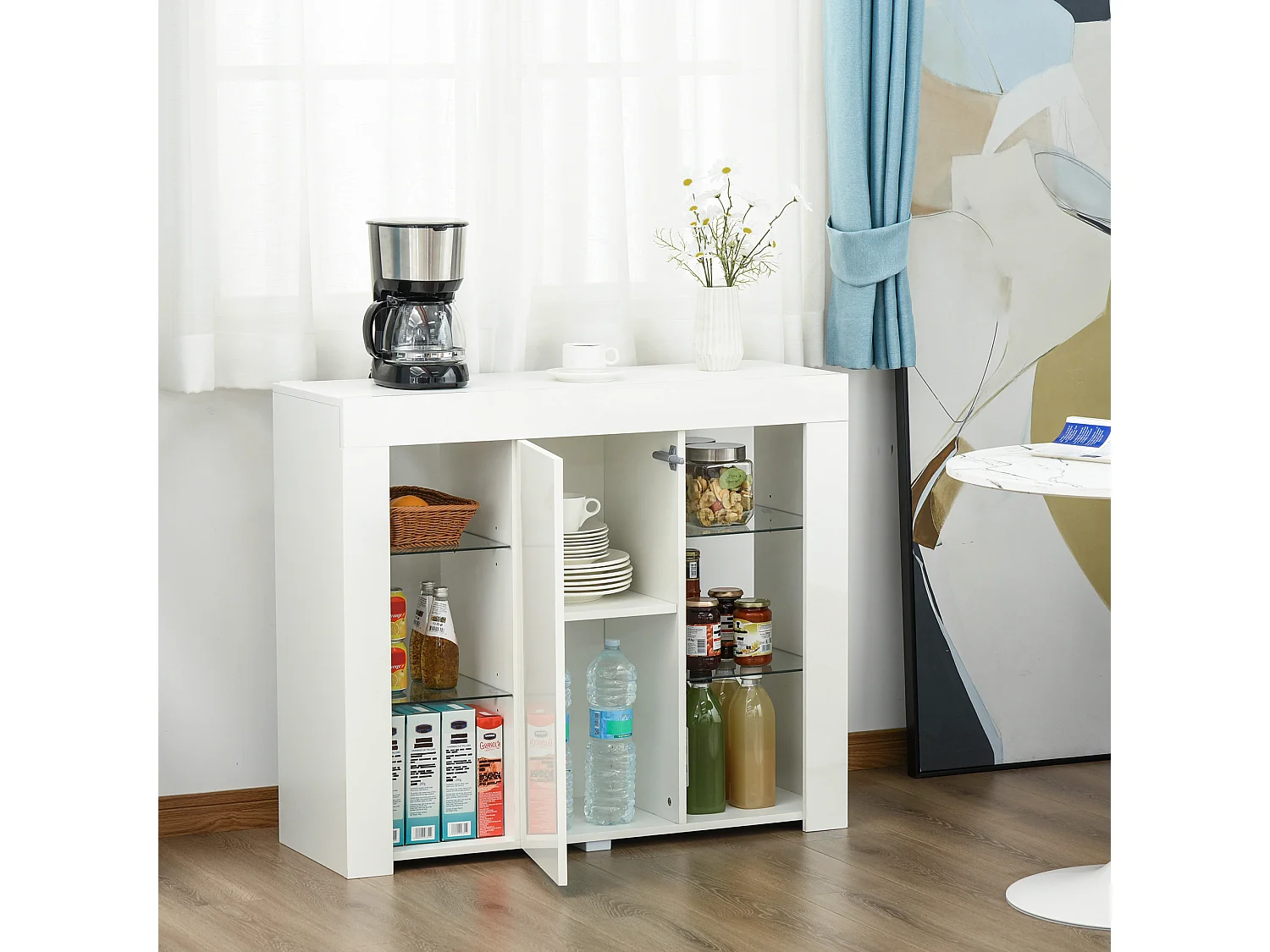 Mobile moderno a anta finitura lucida luci led mensole in vetro