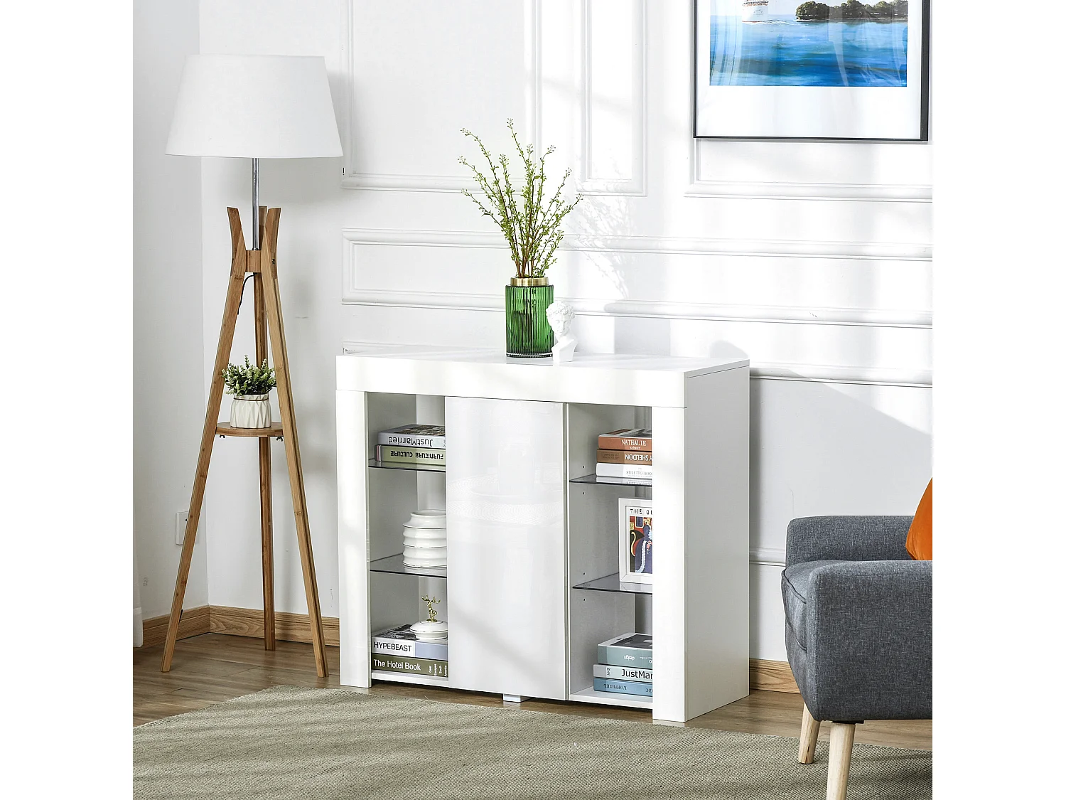 Mobile moderno a anta finitura lucida luci led mensole in vetro