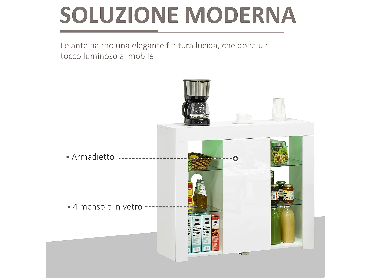 Mobile moderno a anta finitura lucida luci led mensole in vetro