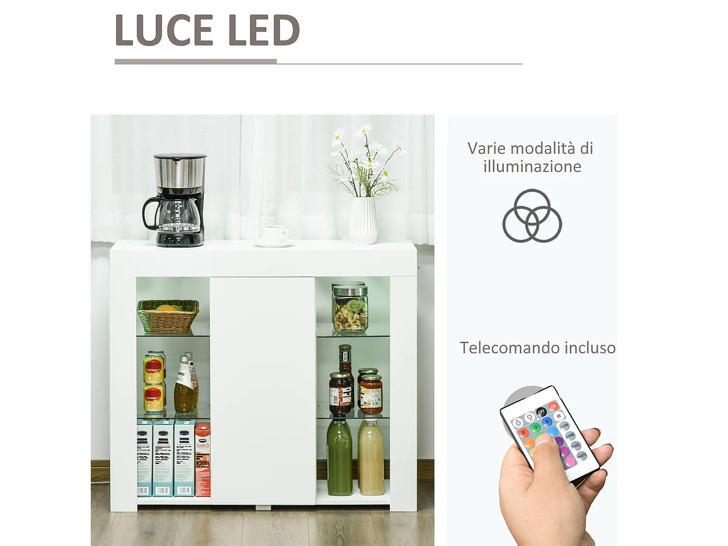 Mobile moderno a anta finitura lucida luci led mensole in vetro