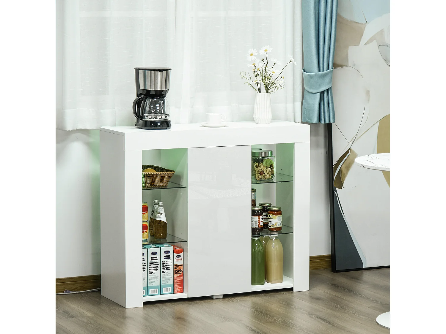 Mobile moderno a anta finitura lucida luci led mensole in vetro