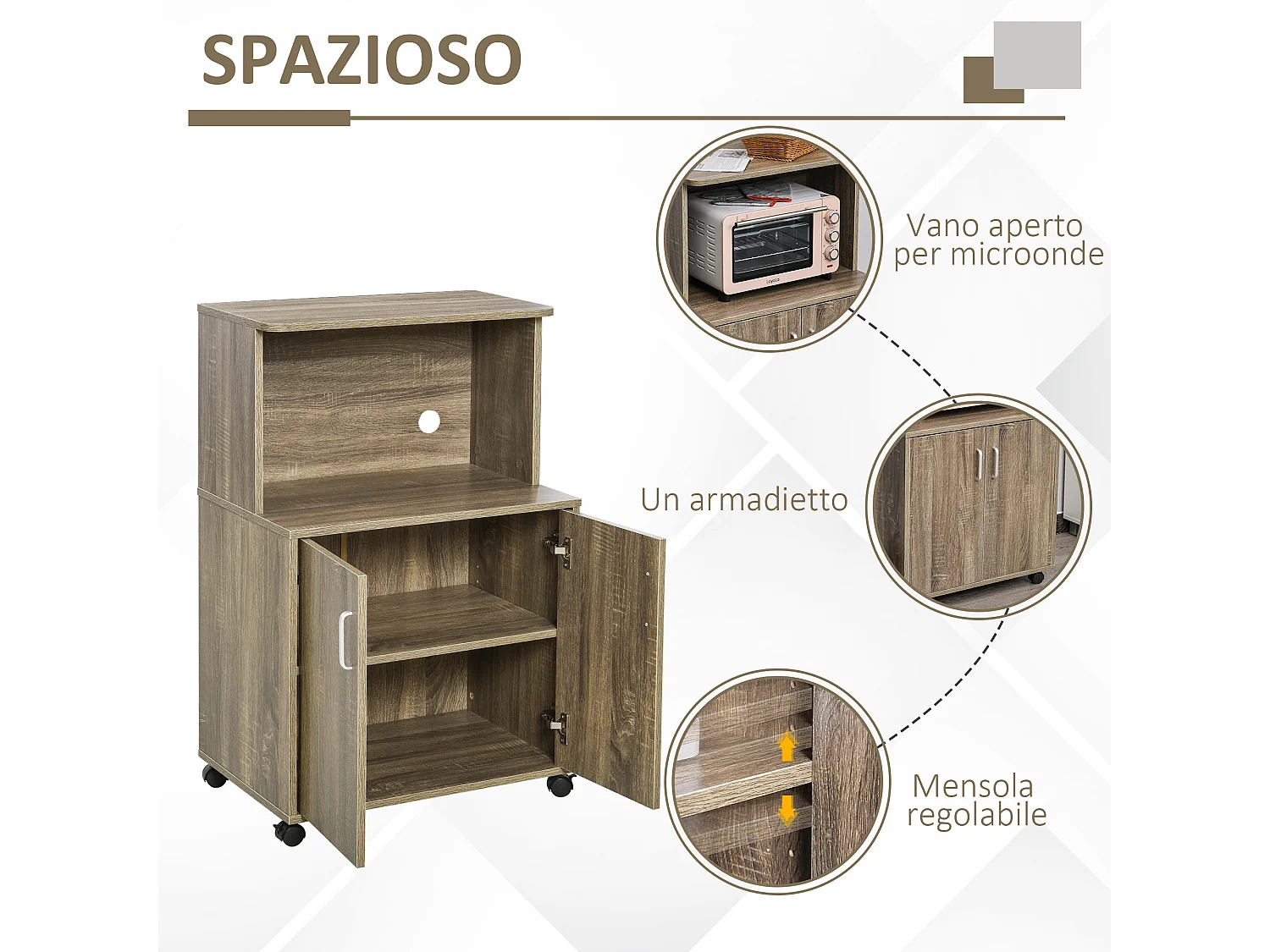 Mobile cucina multiuso per microonde 60.4x40.3x97cm grigio
