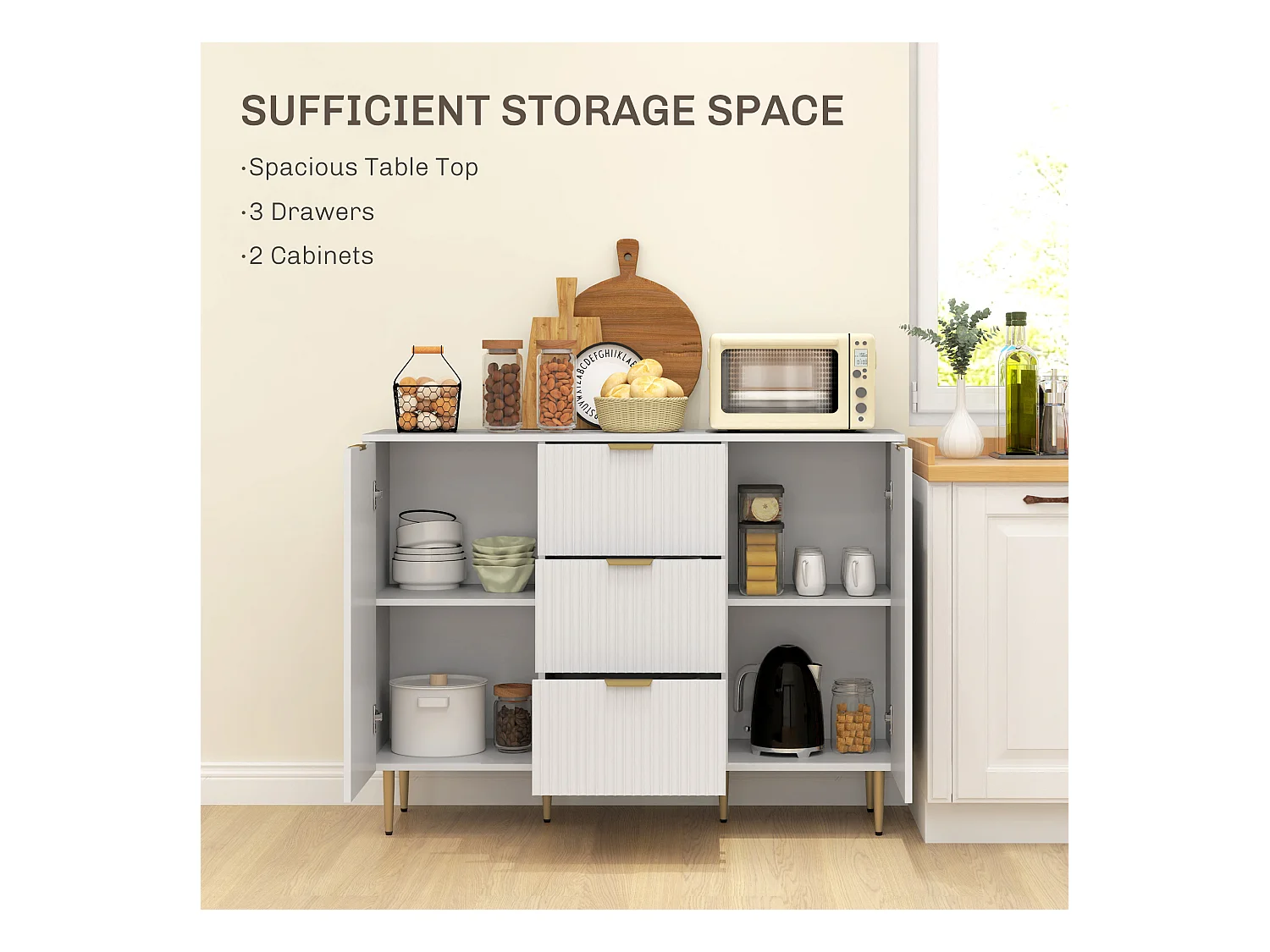 Credenza moderna con 3 cassetti e 2 armadietti bianco