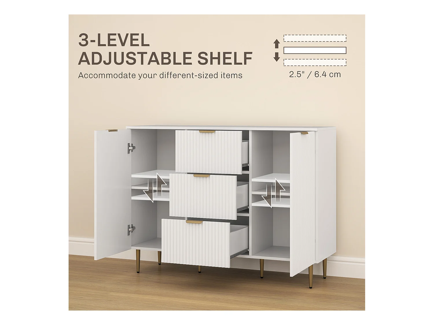 Credenza moderna con 3 cassetti e 2 armadietti bianco